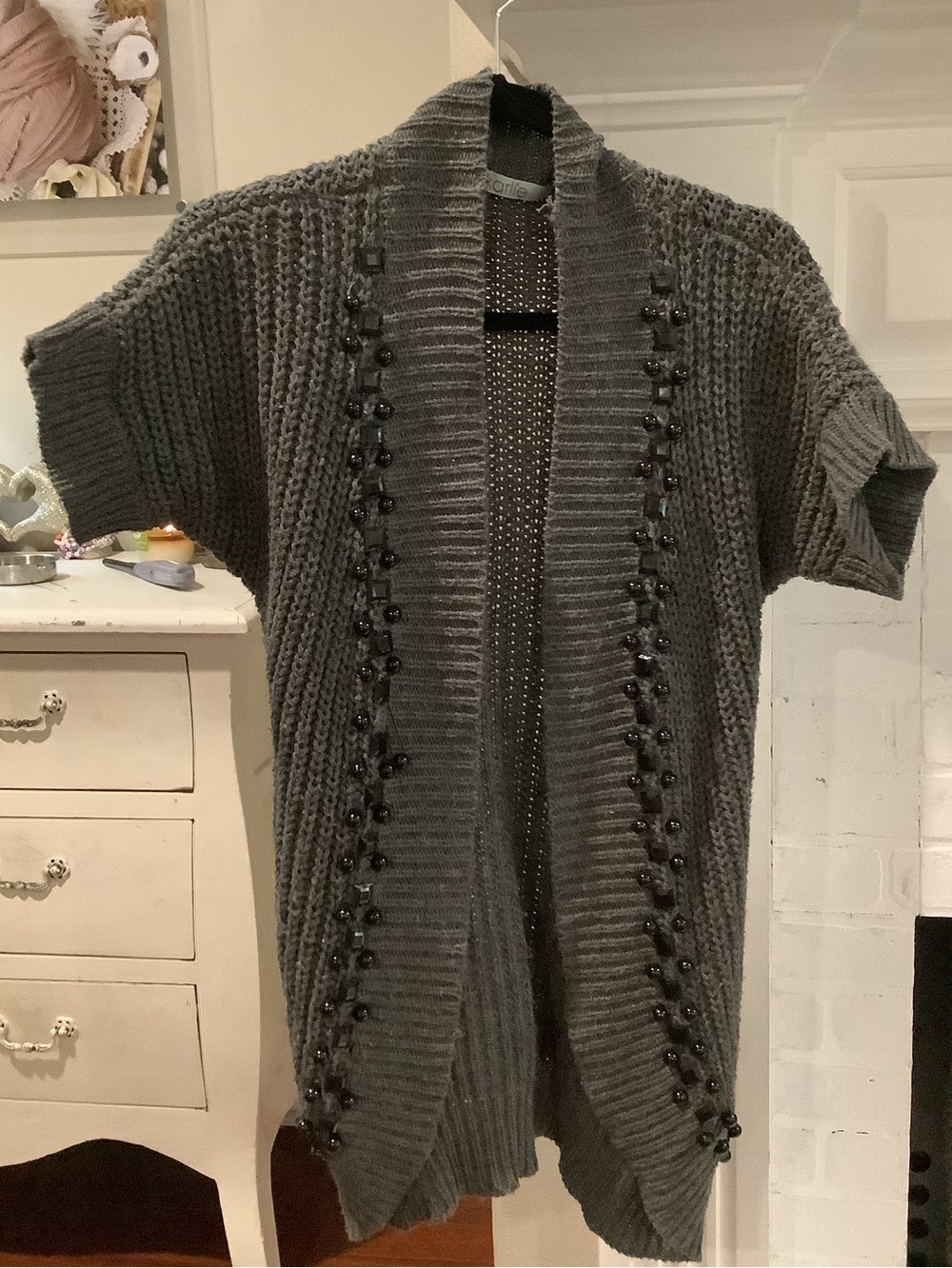 Gray Open-Front Short Sleeve Knit Cardigan Sweater